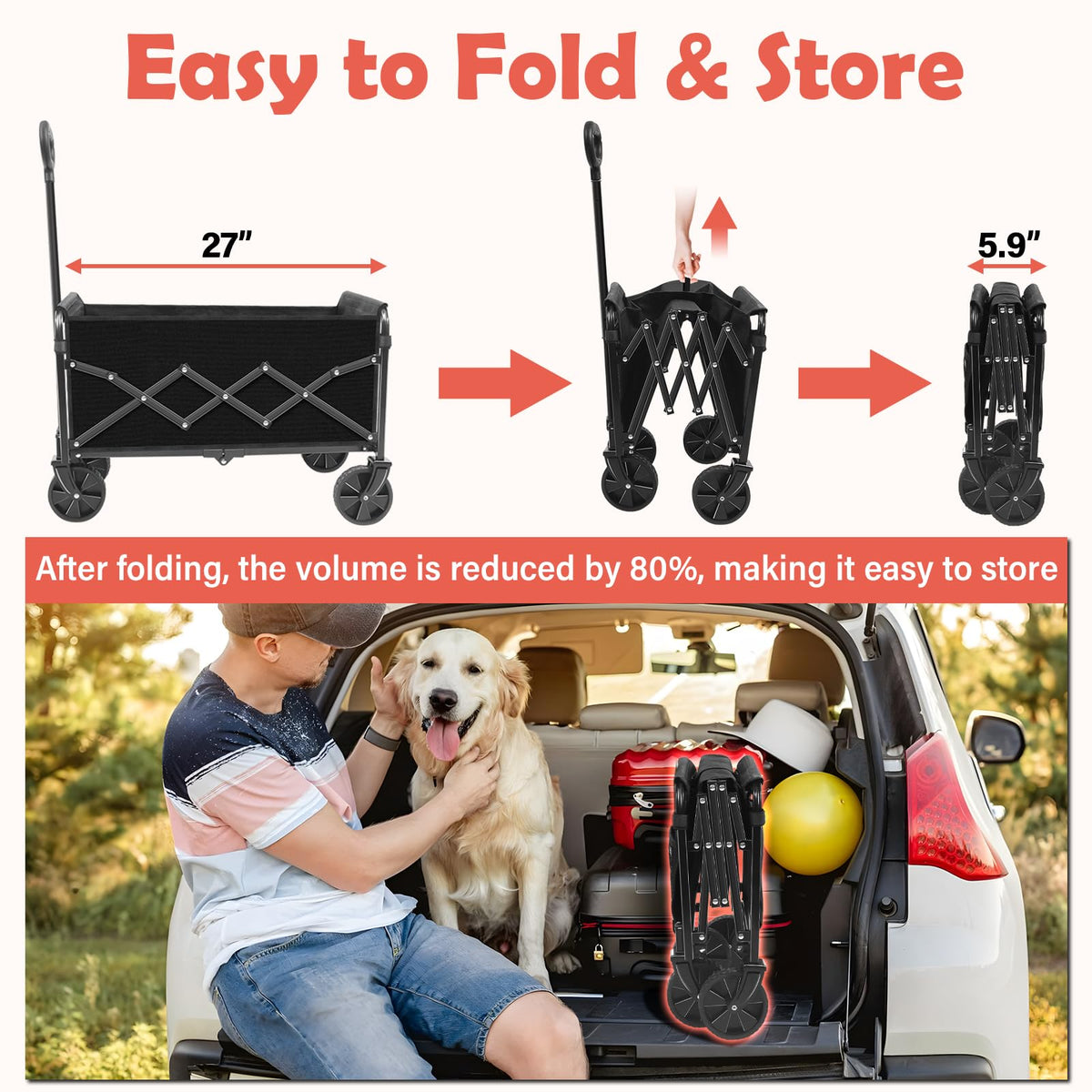 Wagons Carts Foldable, 360 Lbs with Adjustable Handle, Black Lightweight Portable, Collapsible Wagon for Camping, Shopping, Sports, Travel, Garage and Gardening Storage with Drink Holders