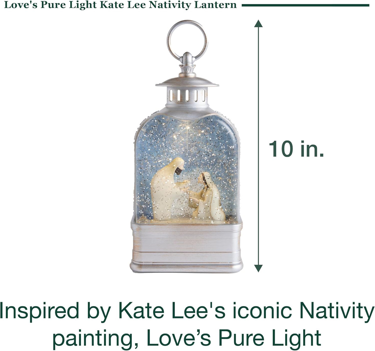 Love's Pure Light by Kate Lee - 10” Light-Up Nativity Lantern with Music | Glitter Snowglobe Manger Scene