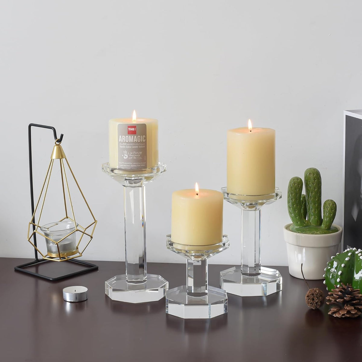 Skiennix Crystal Candlestick Holders - Elegant Set of 3 for Weddings & Parties | 4''/6''/8'' Tall