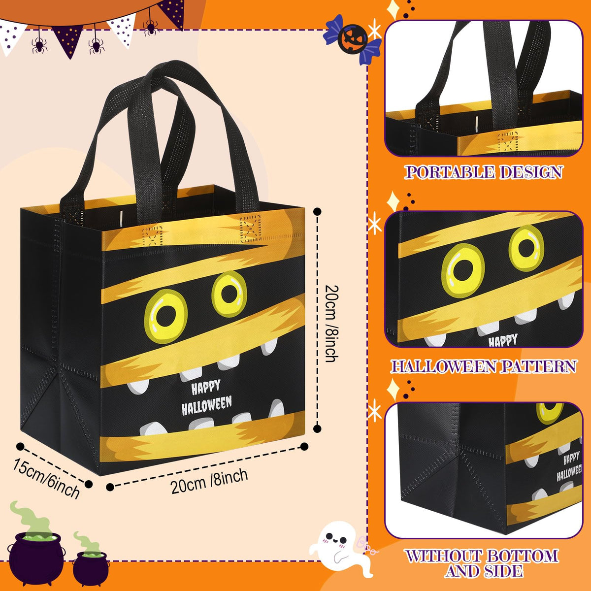 Chapou 90 Pcs Halloween Tote Bags Bulk Treat Gift Candy Goodie Bags with Handles Multifunctional Non Woven for Halloween Party Give Away