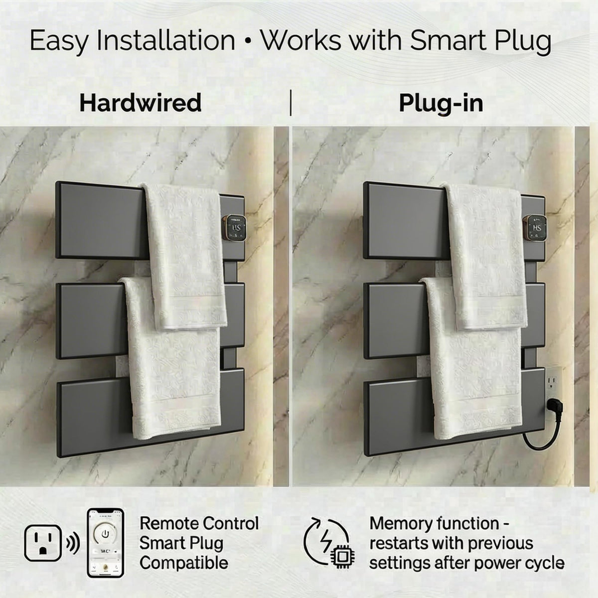 HSTRUKT Electric Towel Warmer, Heated Towel Rack with Thermo Control and Timer, Fast Heating Towel Rail for Bathroom with Memroy Function, Work with Smart Plug, Right-Wiring, 3 Panel, Gun Gray