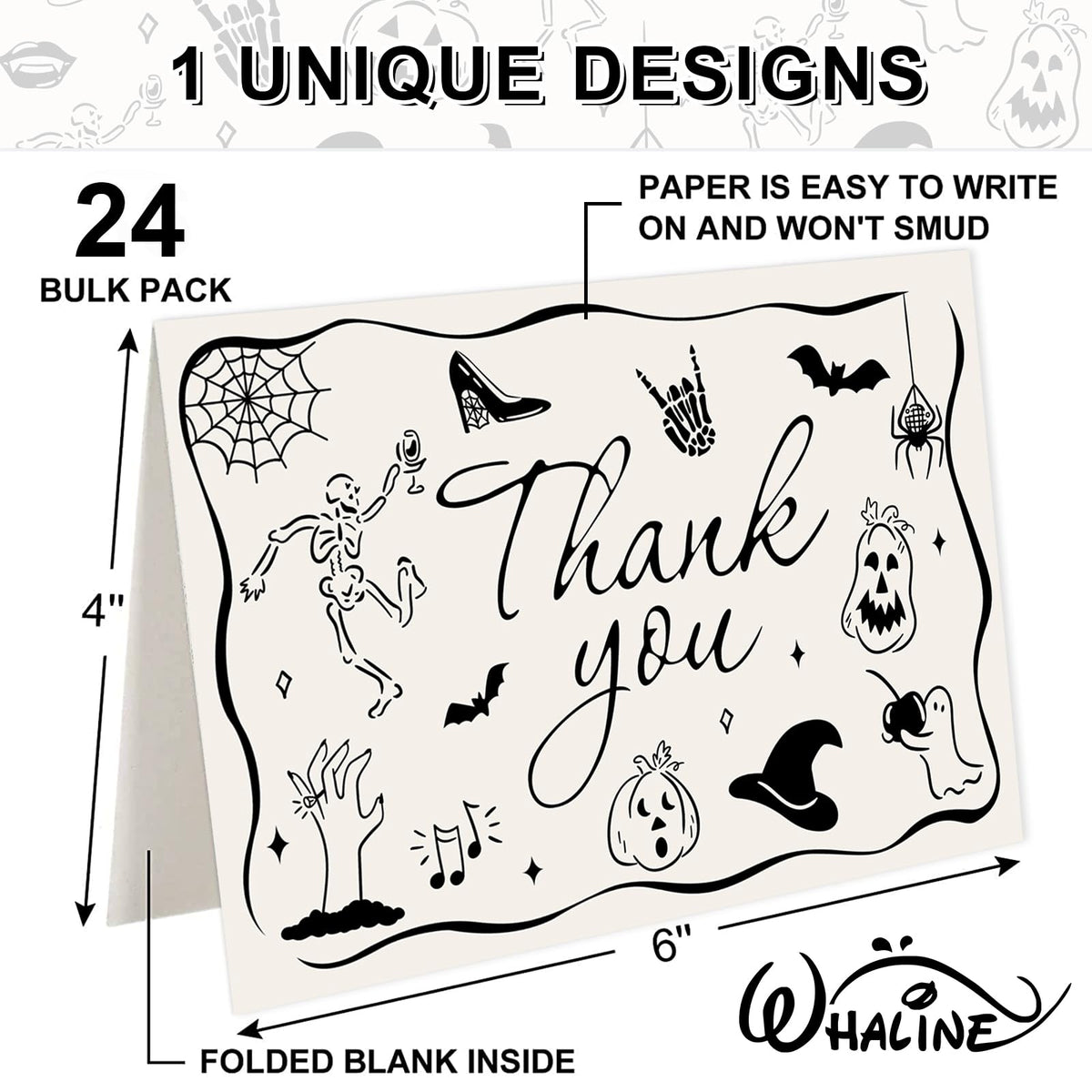 Whaline 24 Pack Halloween Thank You Cards Black Skeleton Pumpkin Ghost Thank You Greeting Note Card with Envelope Sticker for Birthday