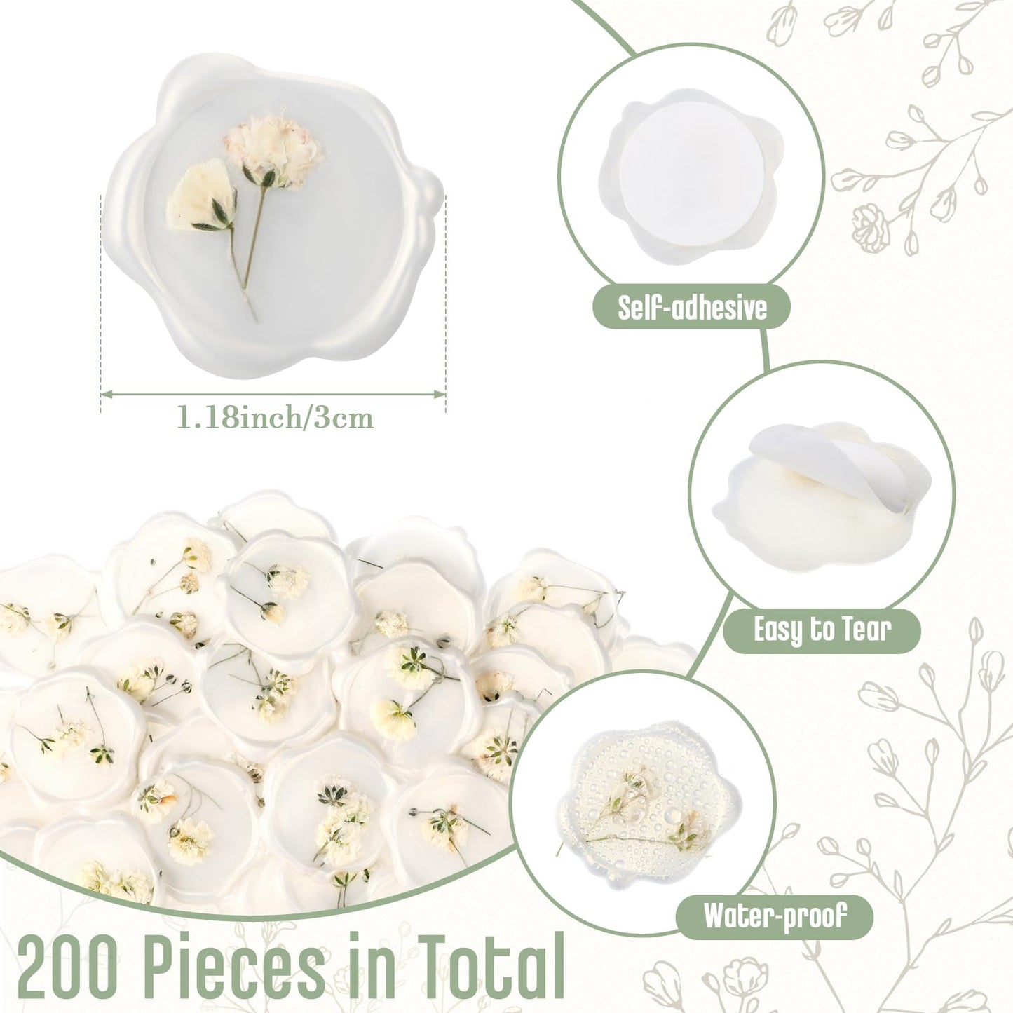 Qilery 100 Pcs Wax Seal Stickers Babys Breath Dried Floral Envelopes Seals Stickers Bulk for Wedding Invitation Bridal Shower Birthday Party Letter Greeting Cards Gift Wrapping, Self Adhesive (White)