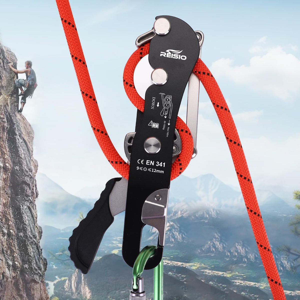REISIO Climbing Stop Descender for 9-12mm,Self-Braking Self Locking Belay Device Rescue Equipment Hand Controls with Mountain Climbing Cave Rappelling Aerial Work Rescue Activities (Black)