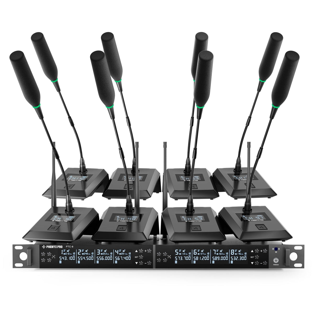 Phenyx Pro 8-Channel Wireless Conference Microphone System, Wireless Podium Microphone with 8x25 UHF Frequencies, Auto Scan, 8 Gooseneck Mics for Lecture, Church, Conference, Public Speaking (PTC-8)