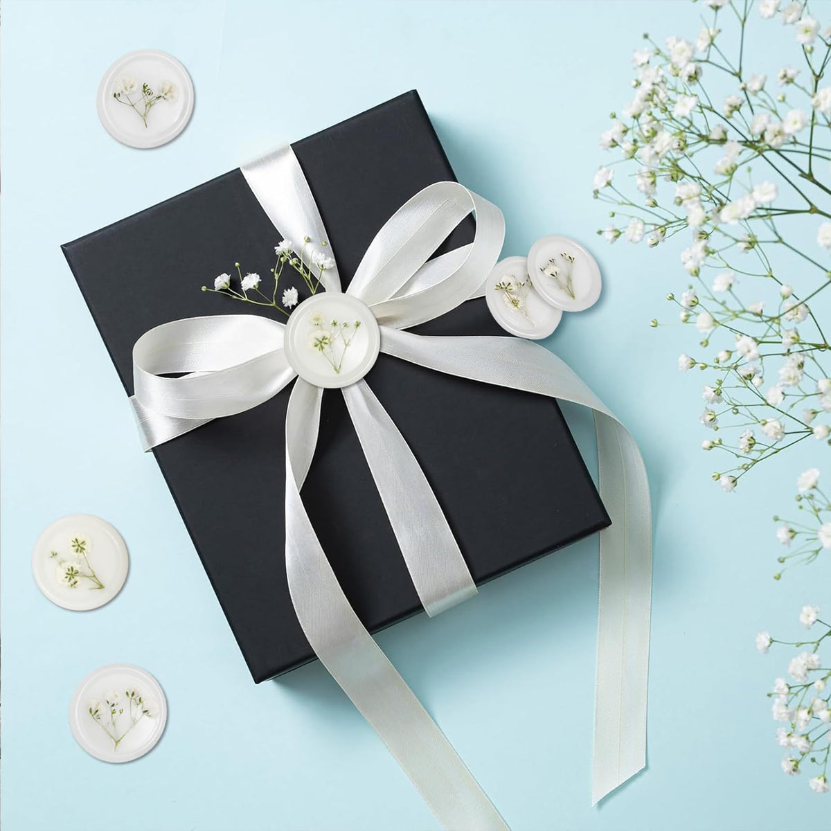 100 Pcs Baby's Breath Adhesive Wax Seal Stickers White Dry Floral Backing Envelope Seals Perfect for Wedding Invitations,Bridal Shower Party