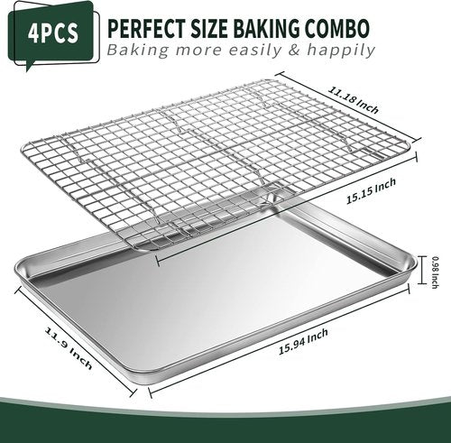 CEKEE Stainless Steel Jelly Roll Pan Set - 2 Baking Pans & 2 Cooling Racks, Nonstick & Rust Proof, 15.94 x 12 x 1 Inch