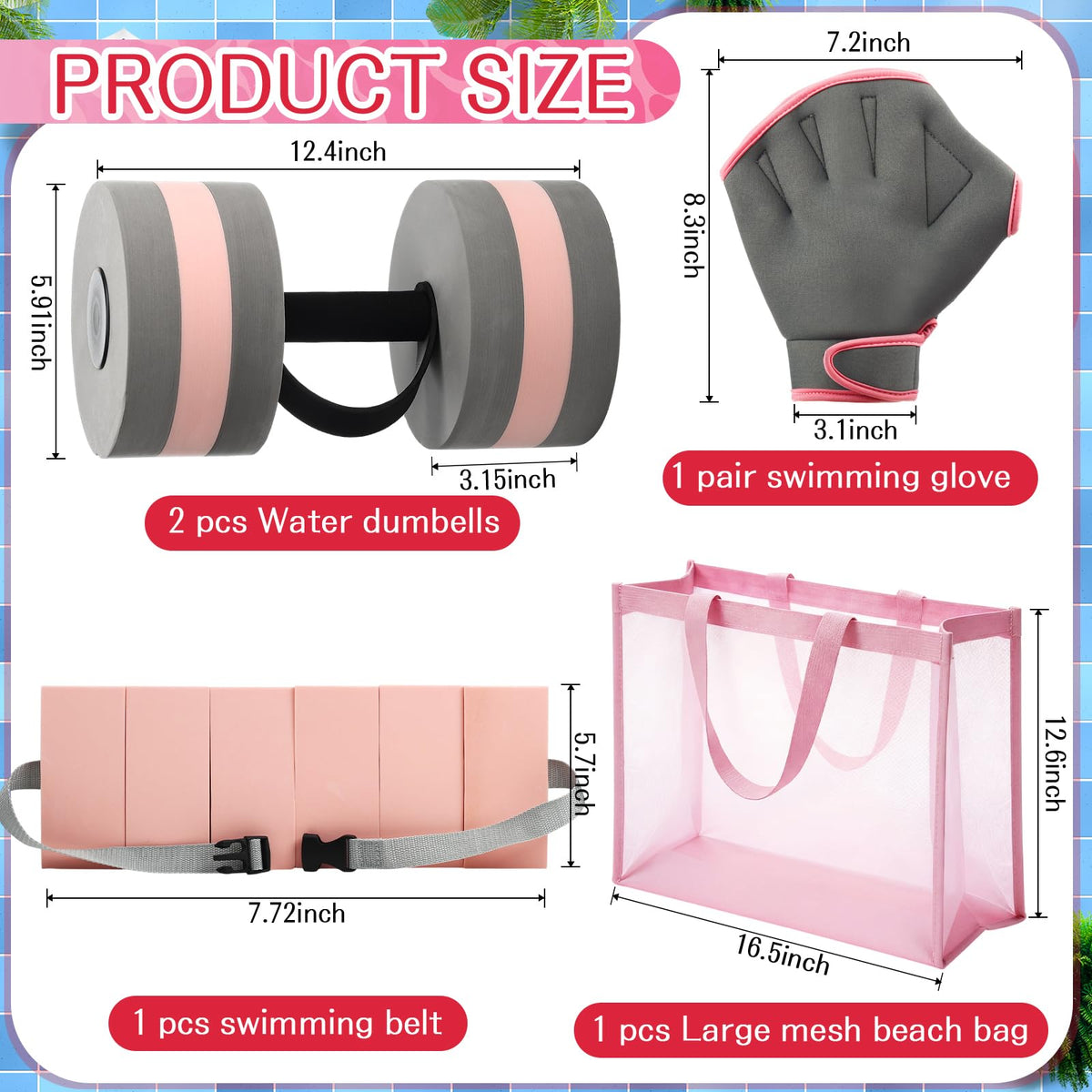 WinnerWhy 6 Pcs Aquatic Exercise Set Water Aerobic Equipment Large Mesh Beach Bag Pool Fitness Equipment Foam Dumbbell with Handle Strip Swimming Belt Gloves for Aquatic Fitness Weight Loss(Pink)