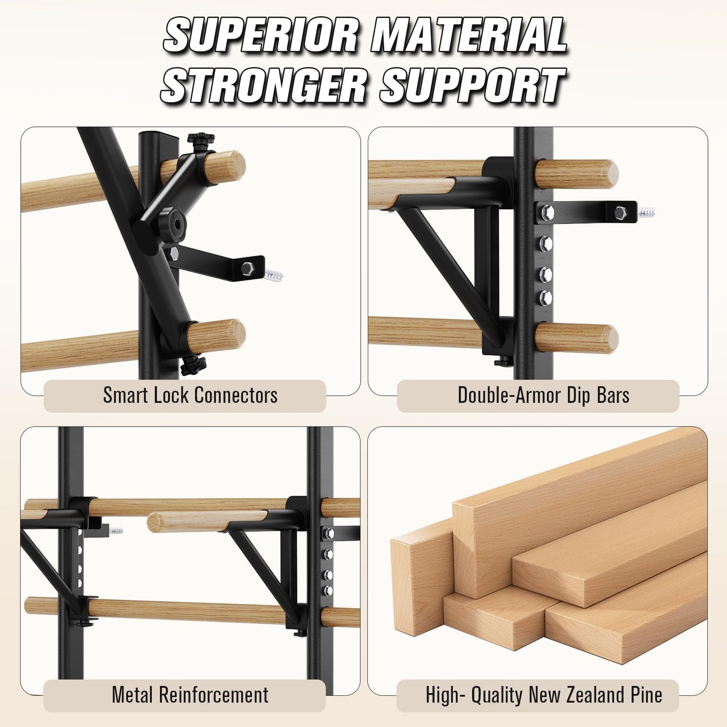 Swedish Ladder Wall Gym, Stall Bar Home Gym with Adjustable Pull-Up Bar, Dip Bar Attachments & 2pcs Resistance Band, 9 Strategic Rods for Core Strengthening and Stretching Balanced for Body Exercise