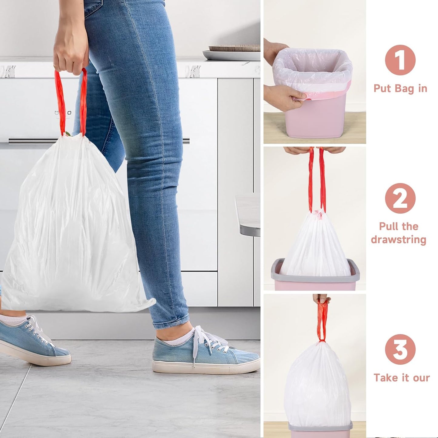 Magesh 6 Gallon Drawstring Trash Bags - Unscented White Kitchen Garbage Bags, 125 Count, Strong & Thick