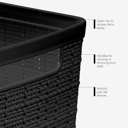 Curver Jute Decorative Storage Baskets - Set of 6 Medium 12L Bins for Home, Office & Pantry | Black