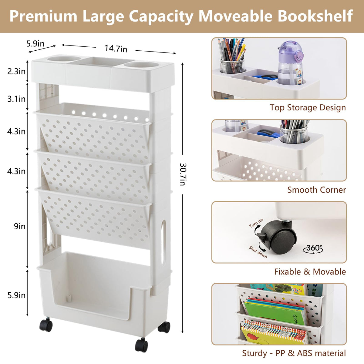 CINPIUK White Rolling Office Paper Organizer, Mobile Book Cart Document Folder File Storage with Pen Holder, Slim Rolling Storage Cart Movable Bookshelf for Office, Dorm, Classroom, Nursery