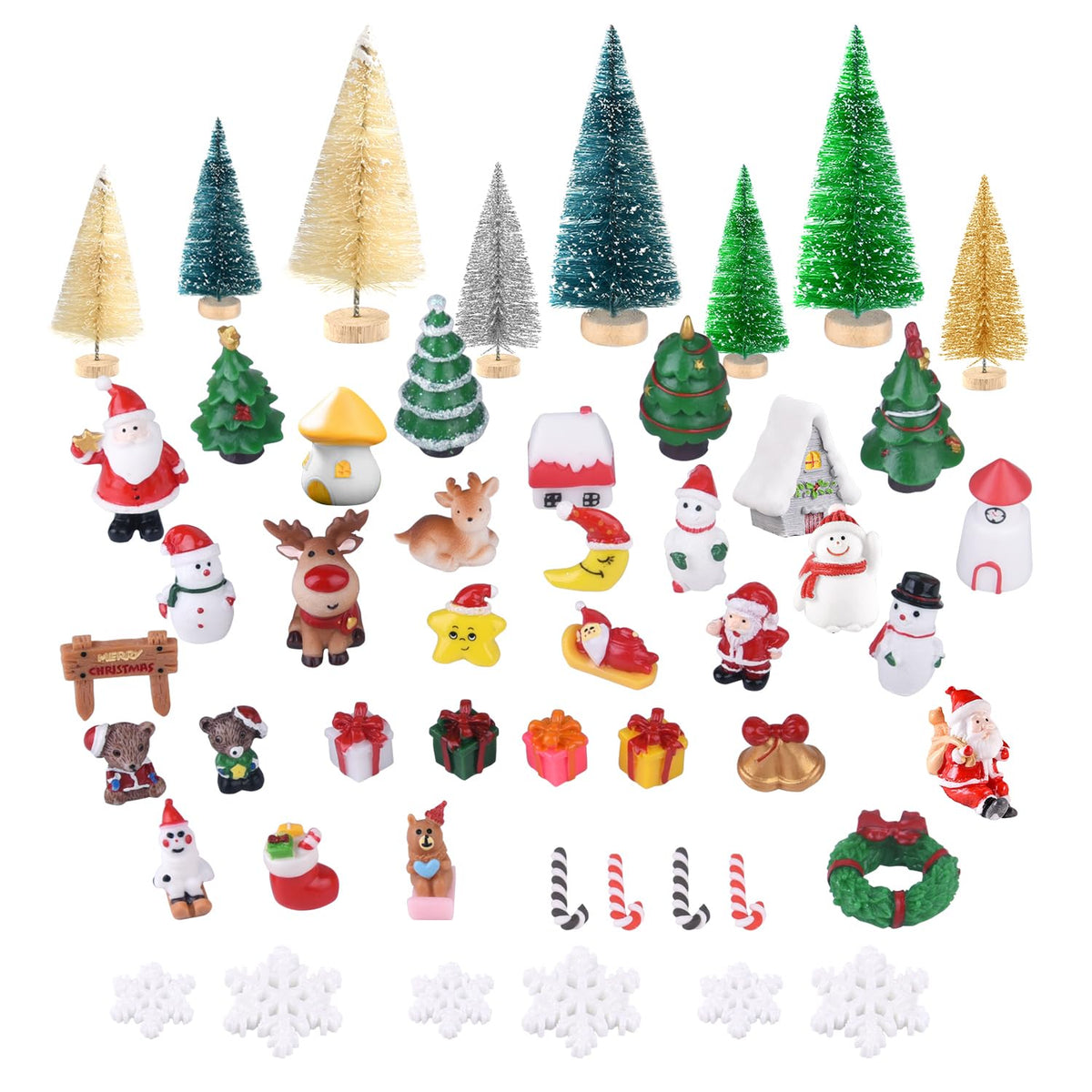 KUUQA 50 Pcs Mini Christmas Ornament Kits,Mini Christmas Trees Bottle Brush Trees with Resin Santa Claus, Snowman, Snowflake, Bell, Elk, Candy Cane for Christmas Party Supplies