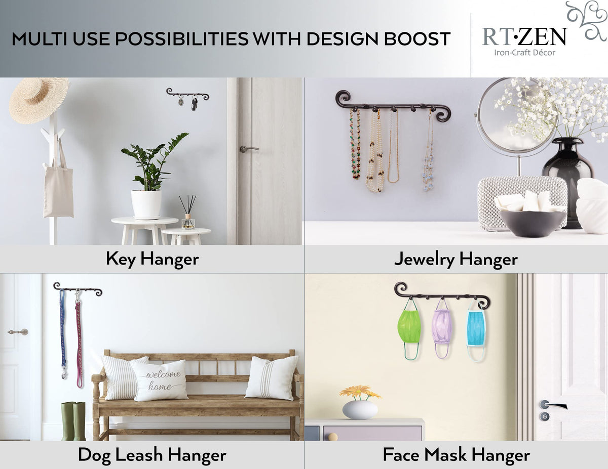 RTZEN Farmhouse Small Key Holder for Wall - Handcrafted Swirl Decorative 5 Key Hooks for Home Entryway - Wrought Iron Wall Mount Rack Purse Coat and Leash Holder or Organizer (Classic Black)
