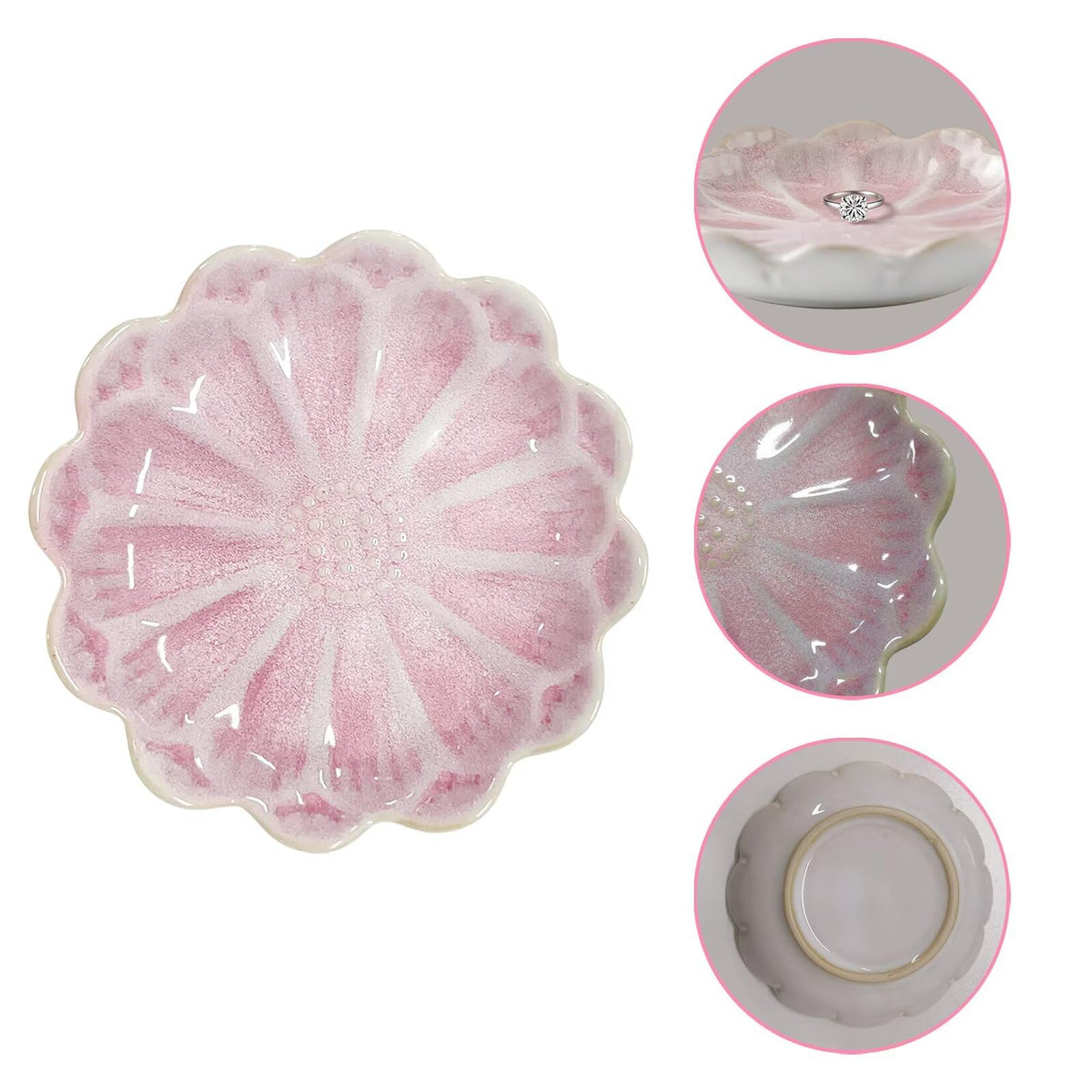 Koyzsen Lotus Ceramic Jewelry Tray, Small Trinket Jewelry Ring Holder Organizing Dish, for Parents Daughter Friends Sister, Birthday Gifts for Women, Retro Blue & Pink