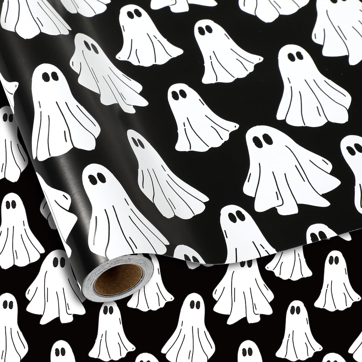 Whaline Halloween Wrapping Paper -Mini Roll- 17 In x 32.8 Ft Groovy Black White Ghost Gift Wrap Paper for Baby Shower Birthday Halloween Wrapping Supplies