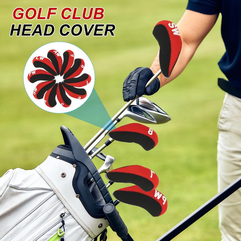 PATIKIL Golf Club Head Cover, 10 Pcs Number Golf Club Irons Covers with Hole Neoprene Driver Headcover Golf Lovers Gifts for Men Women, Red/Red