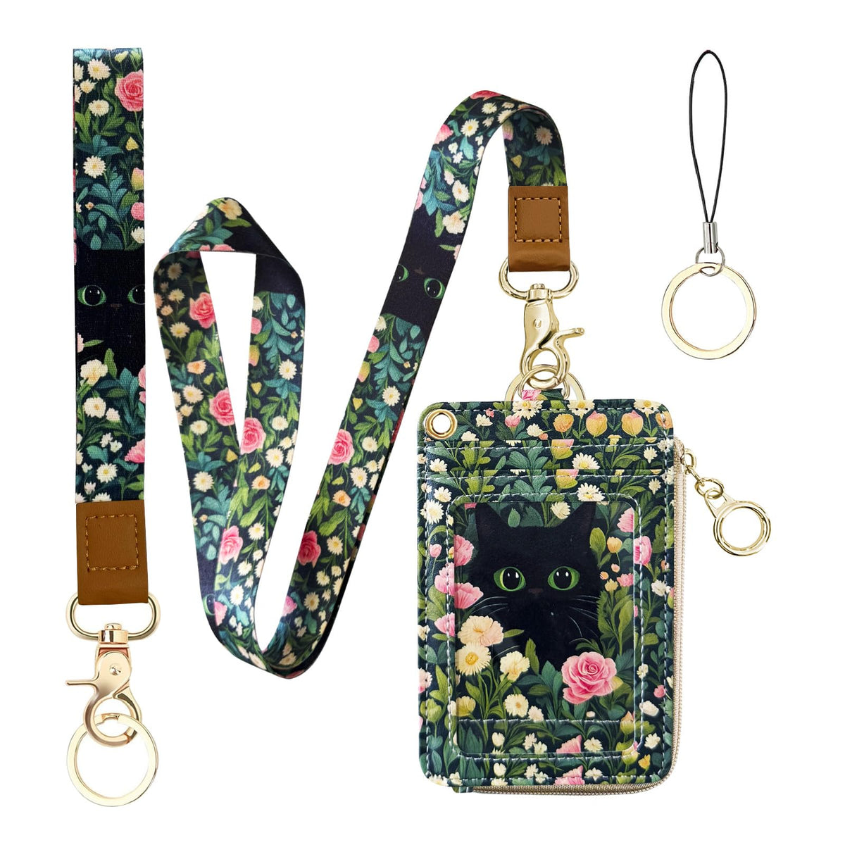 2-in-1 ID Badge Holder & Lanyard Wallet Cute Women Leather Zip ID Case Wallet with Breakaway Wrist Neck Lanyard, Clear Window, 5 Card Slots, Ring Keychain for Worker Teacher Floral Halloween Black Cat