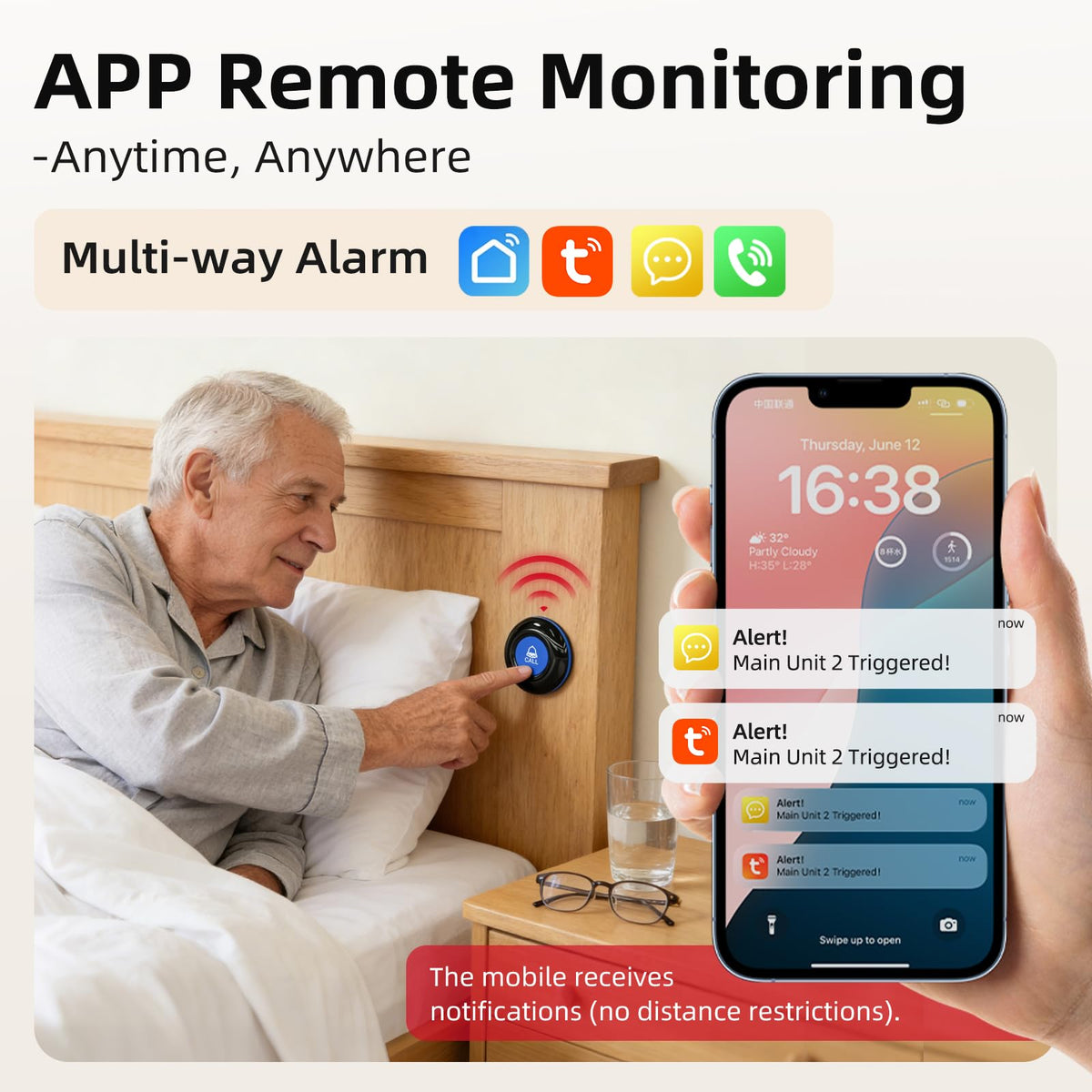 CallToU Wi-Fi Wireless Caregiver Pager Call Button for Elderly at Home, APP Emergency Alert Fall Help System for Seniors, Patients/Disabled Monitoring at Home