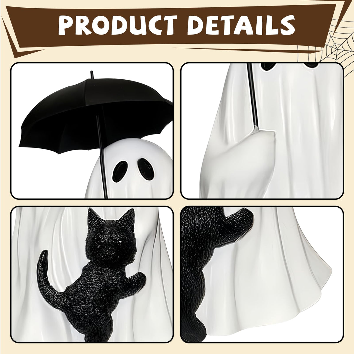 YYPLIAN Ghost Holding Black Cat Statue Halloween Ghost Figurines, Ghost Cat with Umbrella Figure for Home Tabletop Funny Decoration (Ghost Holding Umbrella)