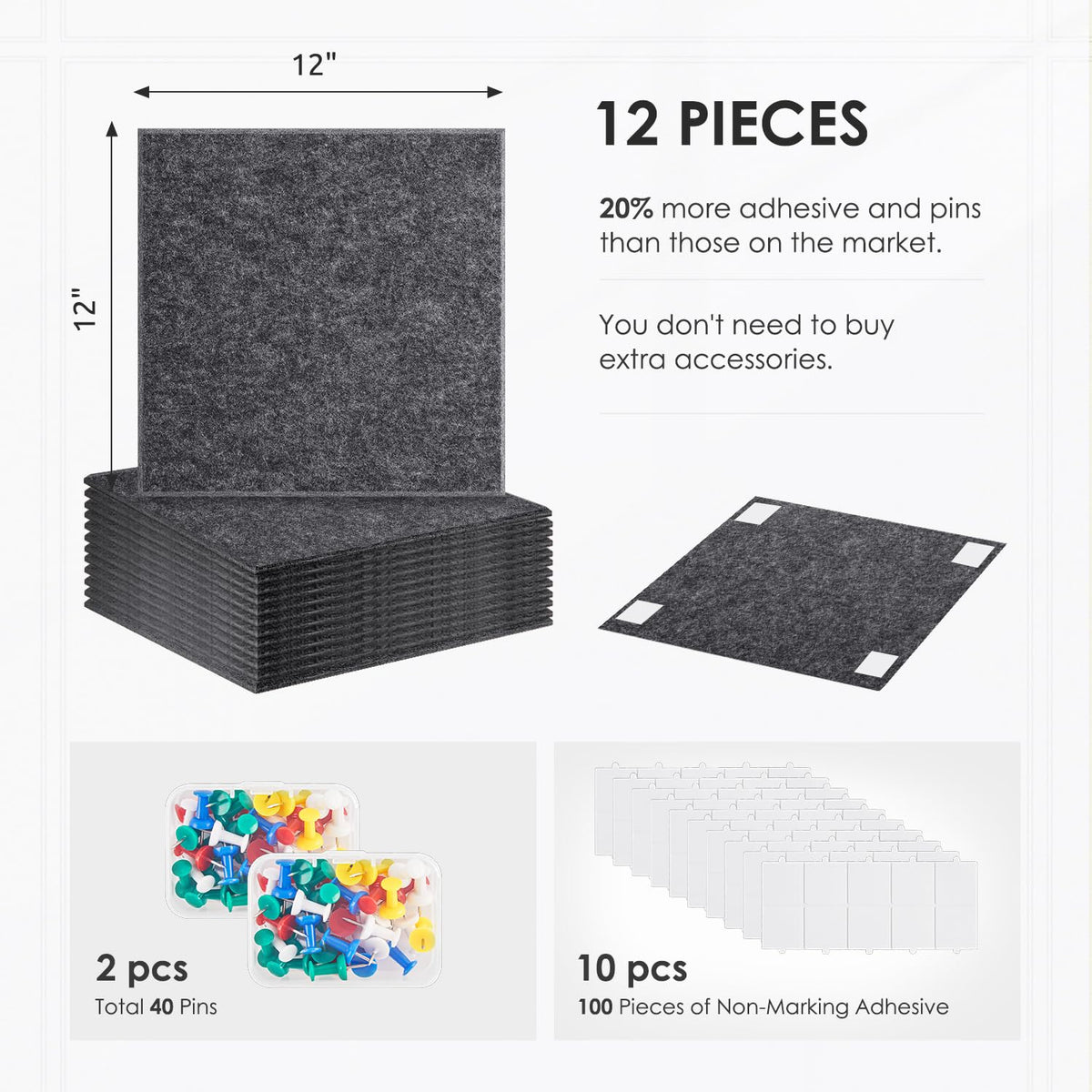 Large Cork Board for Walls 48"x36" |Cork Board Alternative| 12 Pack Felt Wall Tiles| Dark Gray Bulletin Board with Removable Adhesive | Cork Boards Pinboard for Office Home Classroom，Dark Gray
