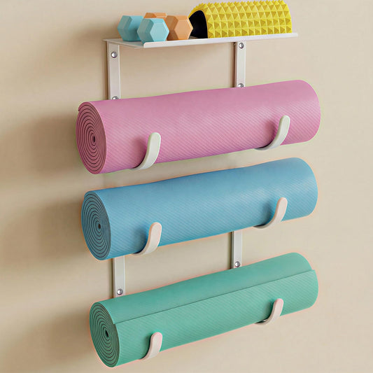 KOMOHOM Yoga Mat Holder Wall Mount, No-Tie Pilates Mat Storage Rack with Top Floating Shelf, 4-Tiers Holding Yoga Blocks/Rollers and Exercise Mat, Workout Mat, Home Gym Equipment Accessories