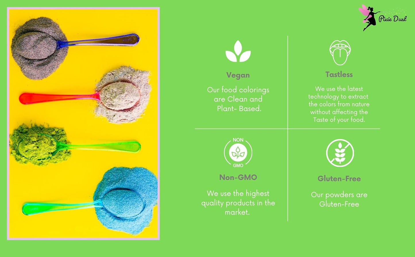 PIXIE DUST All-Natural Food Coloring Powder Set - Dye-Free, Plant-Based | 4 Colors for Baking & Drinks | 0.68 oz Total