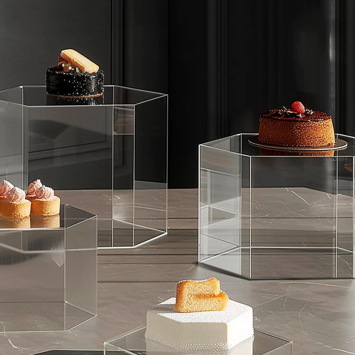 koretech 6 Pcs Buffet Risers, Dessert Stands, Acrylic Boxes for Display, Hexagonal Jewelry Showcase, Riser Display Cases Acrylic Display Base, Clear