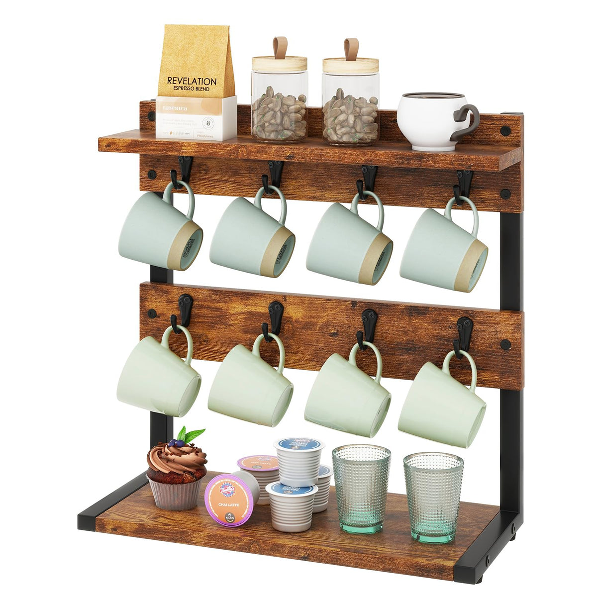 IBUYKE Rustic Coffee Mug Holder Stand, 2 Tier Countertop Mug Tree Holder Rack with Storage Base, Vintage Mug Holders for Kitchen, Holds 8 Mugs, Rustic Brown UTBJ002H
