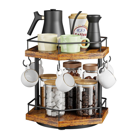 KLM 2 Tier Coffee Bar Organizer Countertop Station Shelf for Home Office, Multi-Functional Coffee Mug Cup Holder Stand, Accessory Storage Rack with 6 Hooks, 360° Rotated Coffee Cup Holder for Counter