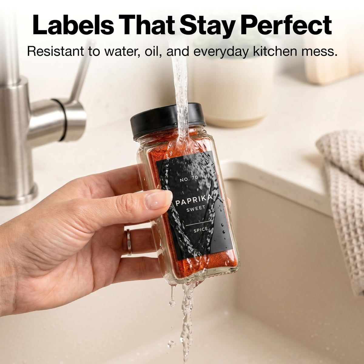 Minimalist Spice Jar Labels Self-Adhesive - 240 Stickers for Spice Jars, Spice Jars & Drawers, Round & Rectangular, Waterproof Spice Organiser Labels for Kitchen Organisation (Black)