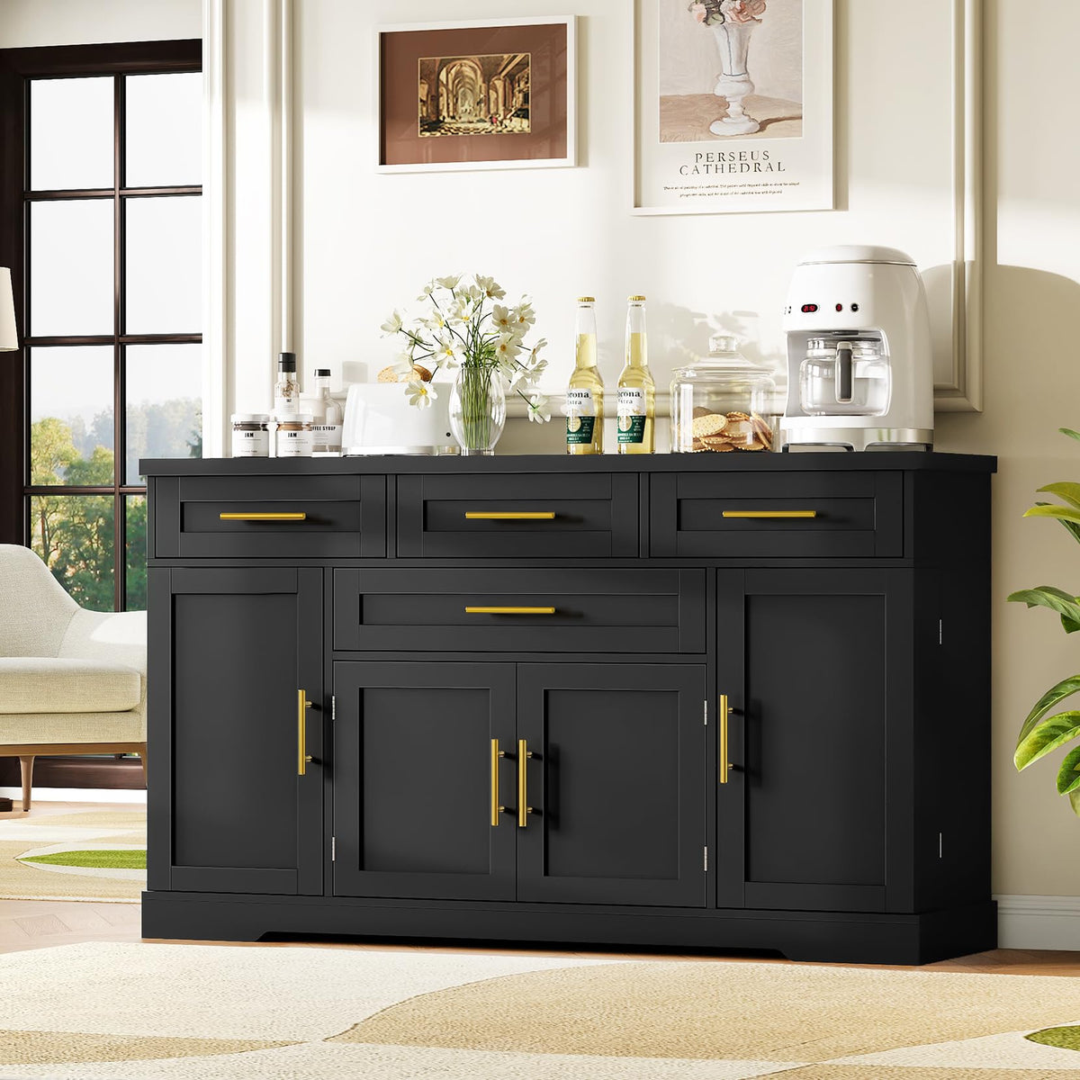 Concho 54" Buffet Cabinet with Storage, Kitchen Sideboards Small Coffee Bar Cabinet with 4 Drawers, Modern Kitchen Storage Cabinet for Living Room, Jet Black