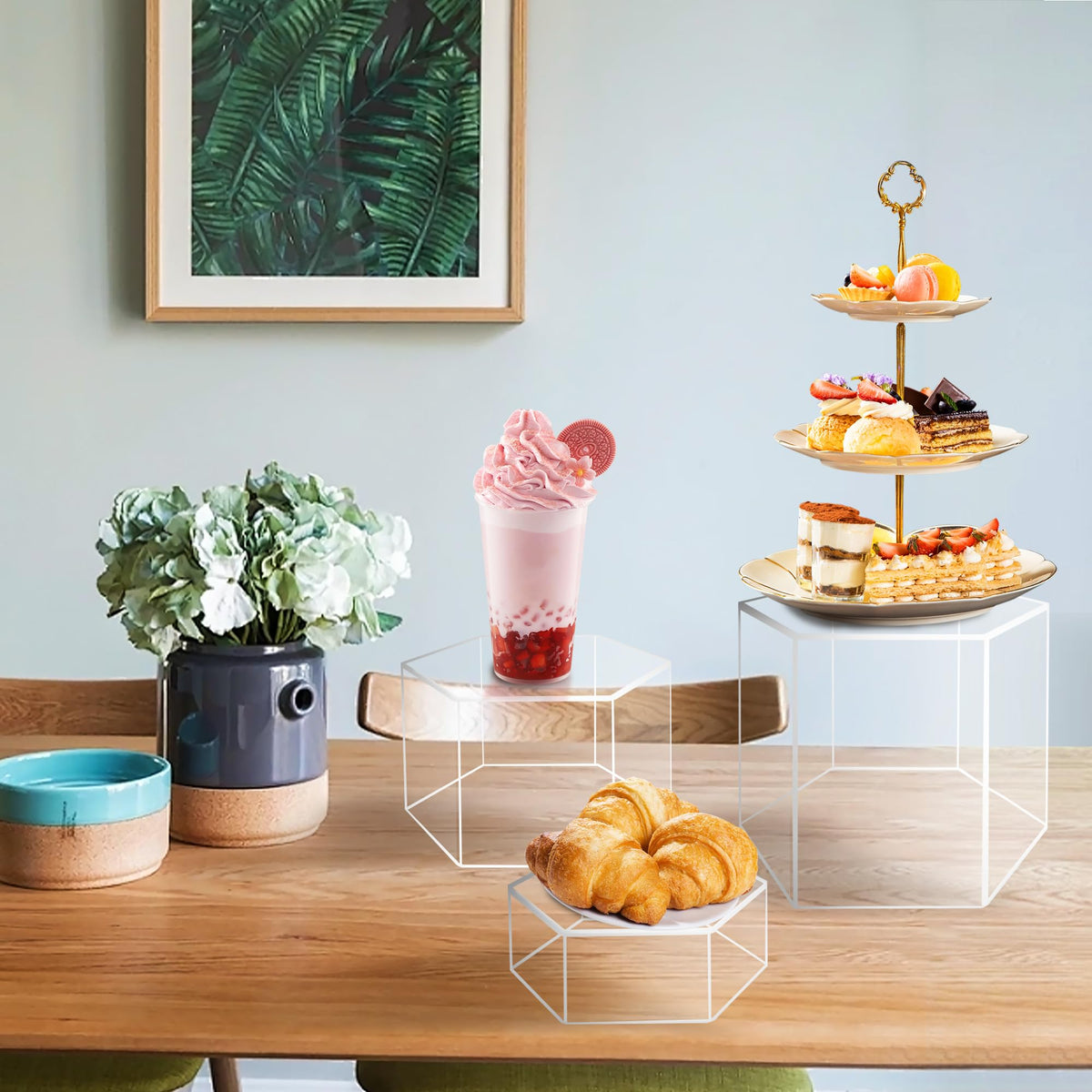 koretech 6 Pcs Buffet Risers, Dessert Stands, Acrylic Boxes for Display, Hexagonal Jewelry Showcase, Riser Display Cases Acrylic Display Base, Clear