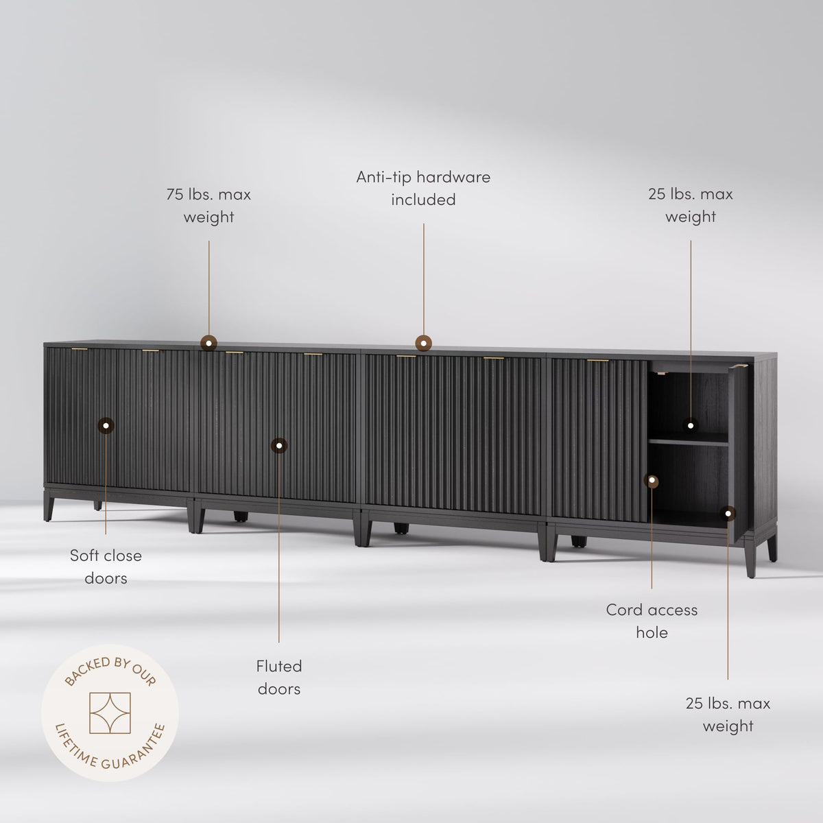 Nathan James Jasper Modern Sideboard, TV Stand with Fluted Doors, Accent Storage for Kitchen or Living Room, Black Oak, Set of 4