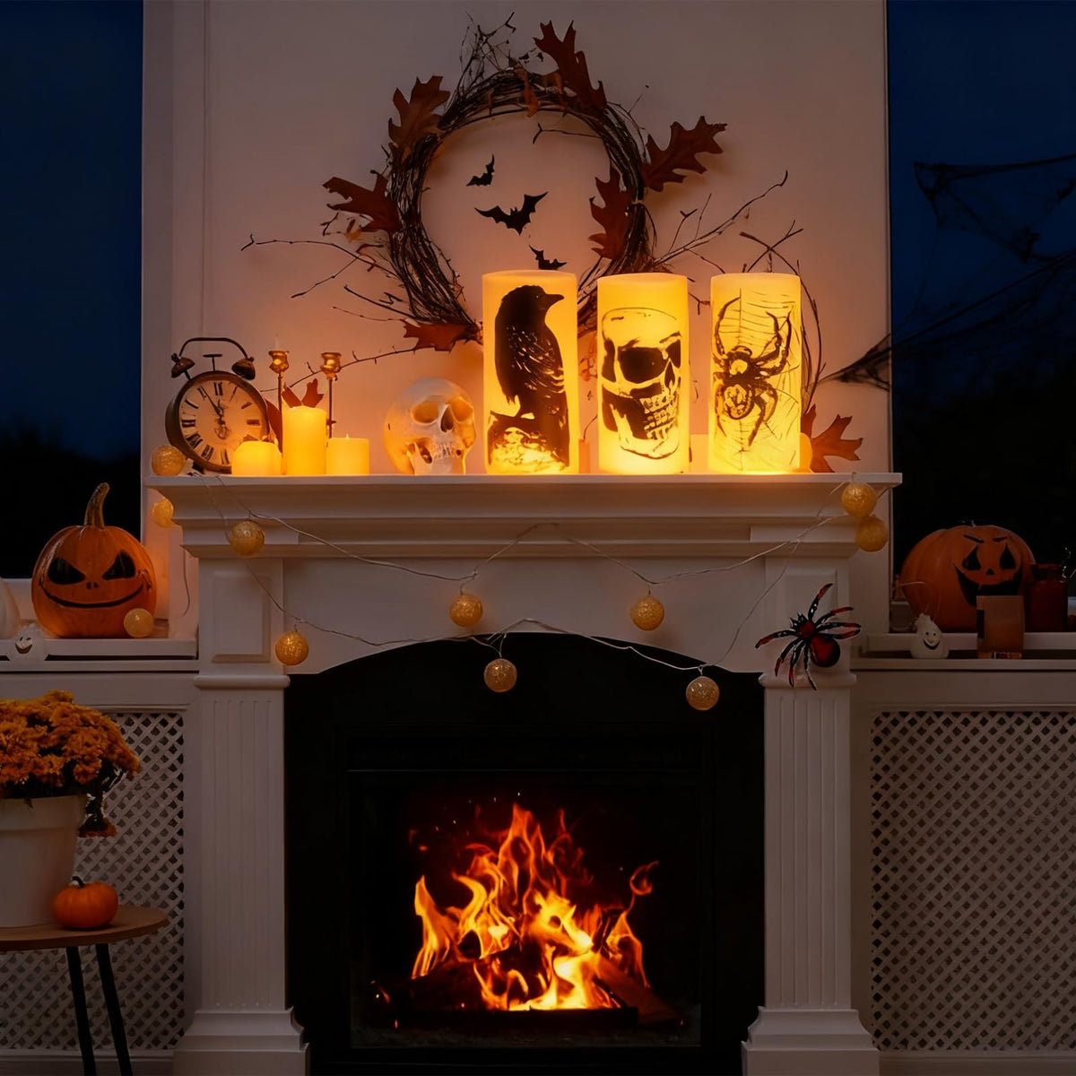 Hbaushun Halloween Flameless Candles LED Flickering Candles with Skull, Crow, Spider Web Decals,Battery Operated with 6 Hour Timer Halloween Decorations Horror Themed Candles(3 Pack, D3 x H6)