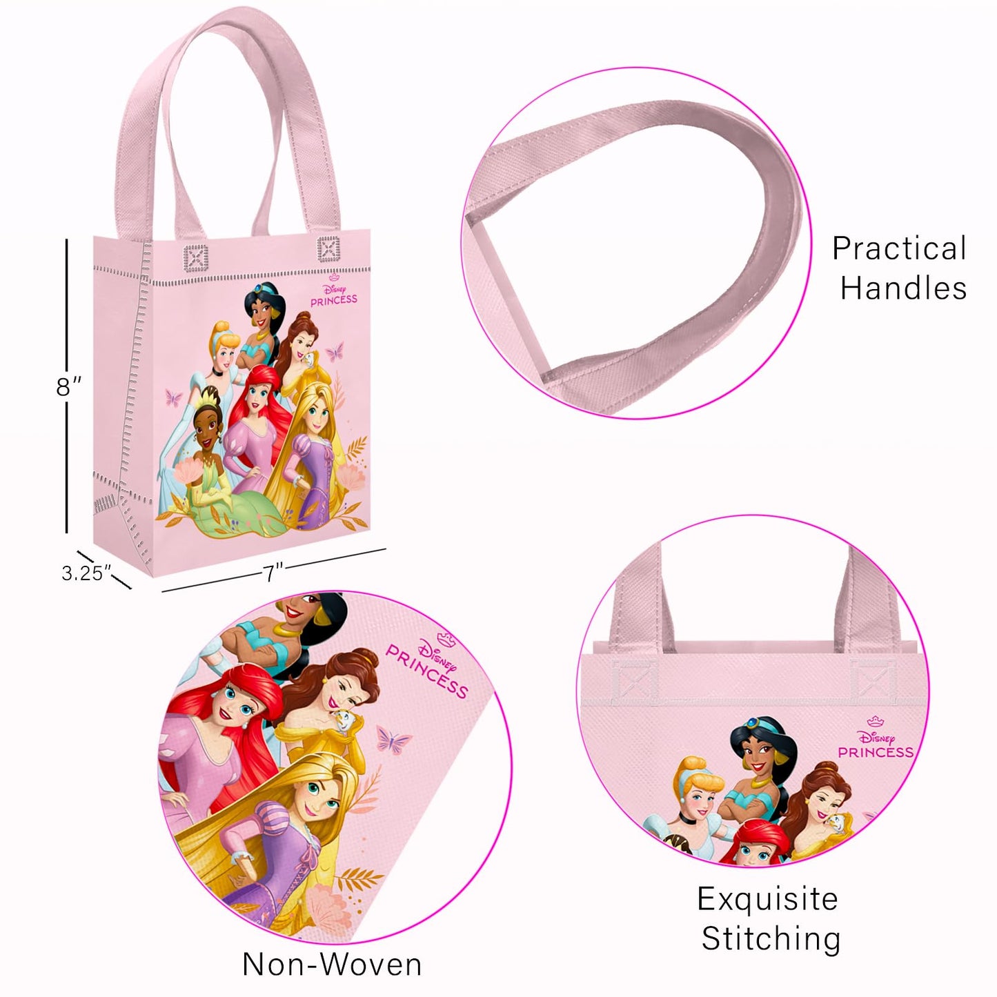 Disney Princess Party Favor Bag Set – 24 Pack of 8" Disney Princess Party Goodie Bags for Kids Bulk Reusable Totes | Princess Birthday Party Supplies