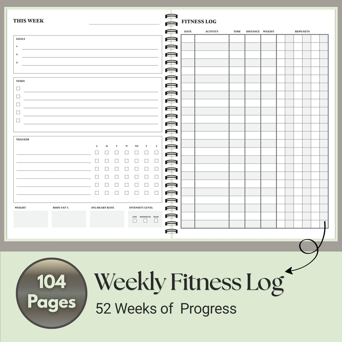Workout Journal for Men & Women – Fitness Journal & Workout Logbook, Gym Fitness Planner with 52 Weeks of Tracking, Exercise Log Book for Weight Loss & Training – Hard-Cover Spiral Binding – Green