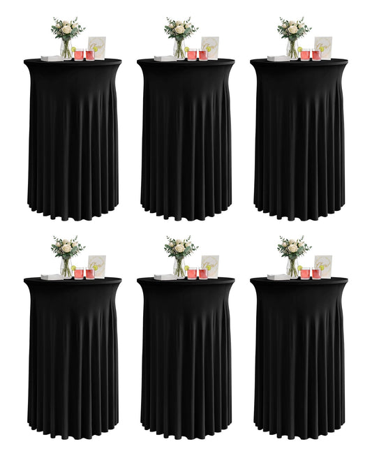 KeyWave Cocktail Table Tablecloth with Skirts - 32x43 Inch Wavy Spandex High Top Cocktail Table Covers, Ruffle Drape Highboy Tablecloth Reusable for Party Wedding Cake Standing Table, Black, 6 Pack