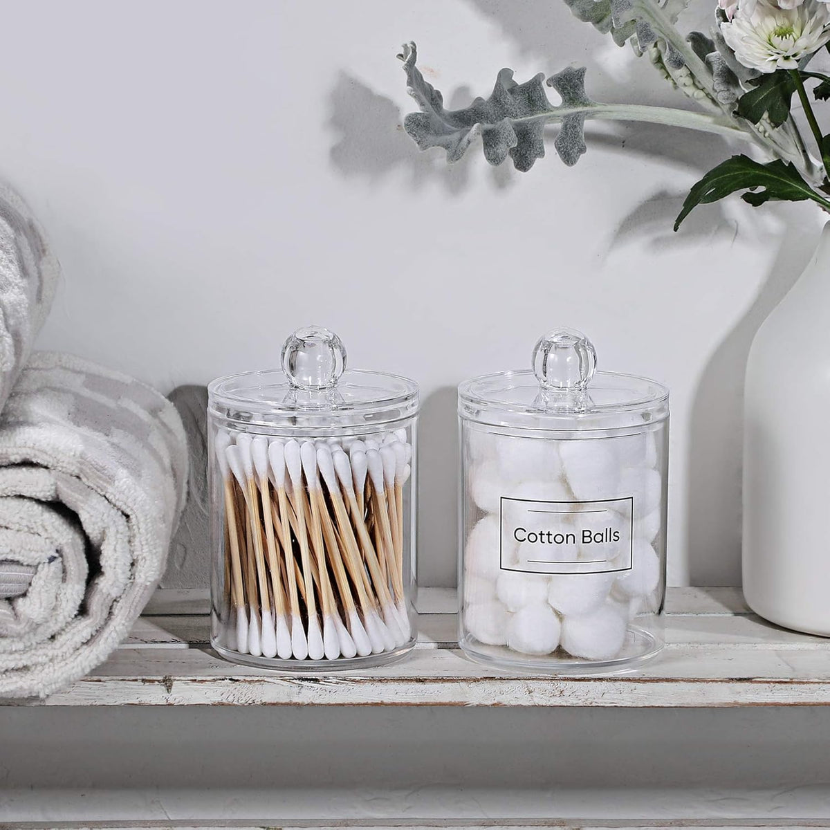 Skiennix Acrylic Qtip Holder Dispenser - Clear Plastic Canister Set for Cotton Swabs & Makeup Storage