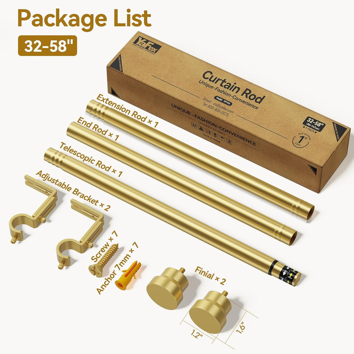 YaFex Curtain Rods - Heavy Duty 1 Inch Adjustable Window Treatment Rods | 32-58 Inch, Gold Finish