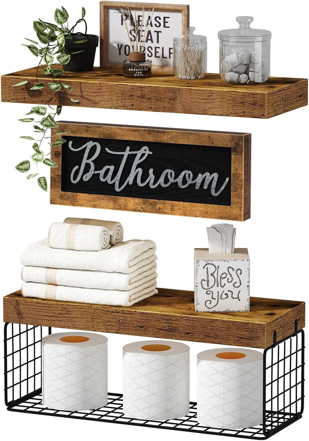 QEEIG Bathroom Shelves - Over Toilet Storage Set of 3 | Stylish Bathroom Decor Bundle