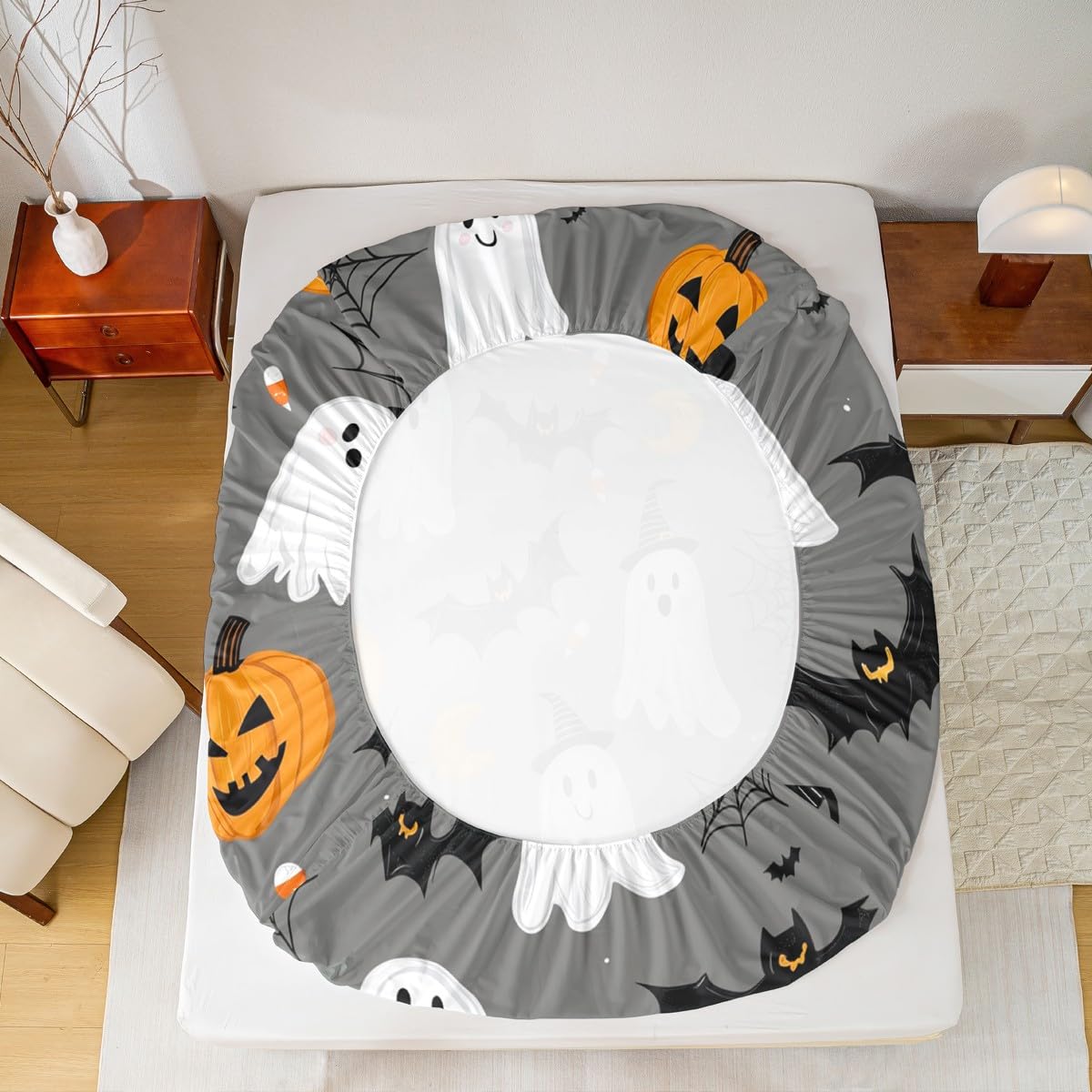 Feelyou Happy Halloween Bed Sheets Set Queen Size Cute Ghost Bedding for Kids Teens Pumpkin Lantern Bat Spider Cobweb Spooky Sheet with 16 Inch Deep Pockets Room Decor with 2 Pillow Case Soft 4Pcs