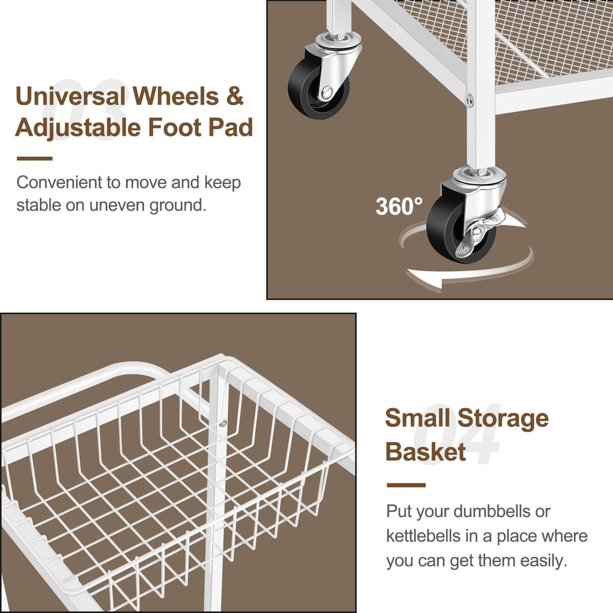 Weight Rack for Dumbbells Yoga Mat Storage Rack Home Gym Equipment Storage Rack Workout Equipment Storage Cart with Hooks for Yoga Mats, Dumbbells, Kettlebells, and Resistance Bands, White
