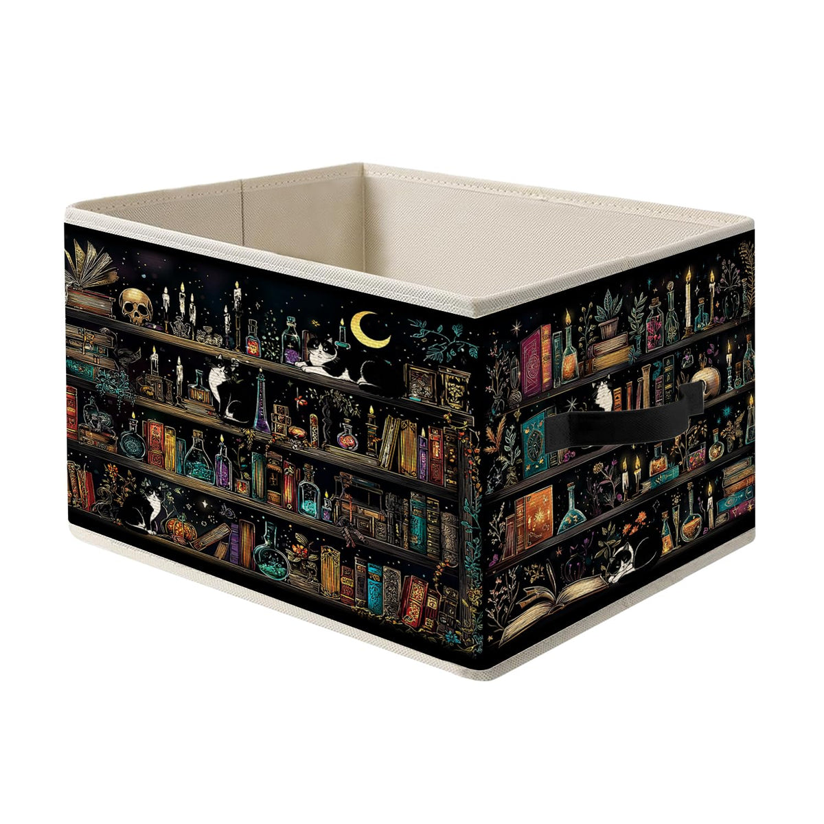 LRWHDFW Dark Gothic Book Storage Bins, Dark Academia Witchy Bookshelf Tuxedo Cat Foldable Closet Organizers Storage Basket Toybox for Reading Room Library Bedroom Bathroom Home Clothes Toys Books