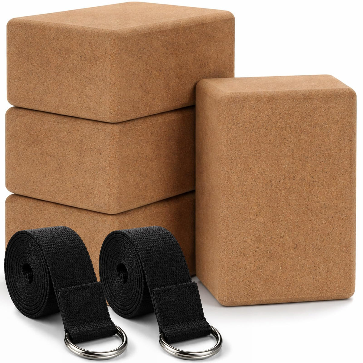 Leitee 6 Pcs Cork Yoga Blocks with Straps 9 x 6 x 4 Inch Cork Yoga Brick 8.2 FT Strap Non Slip High Density Bricks Exercise Blocks for Physical Stretching Flexibility Balance Fitness Pilates
