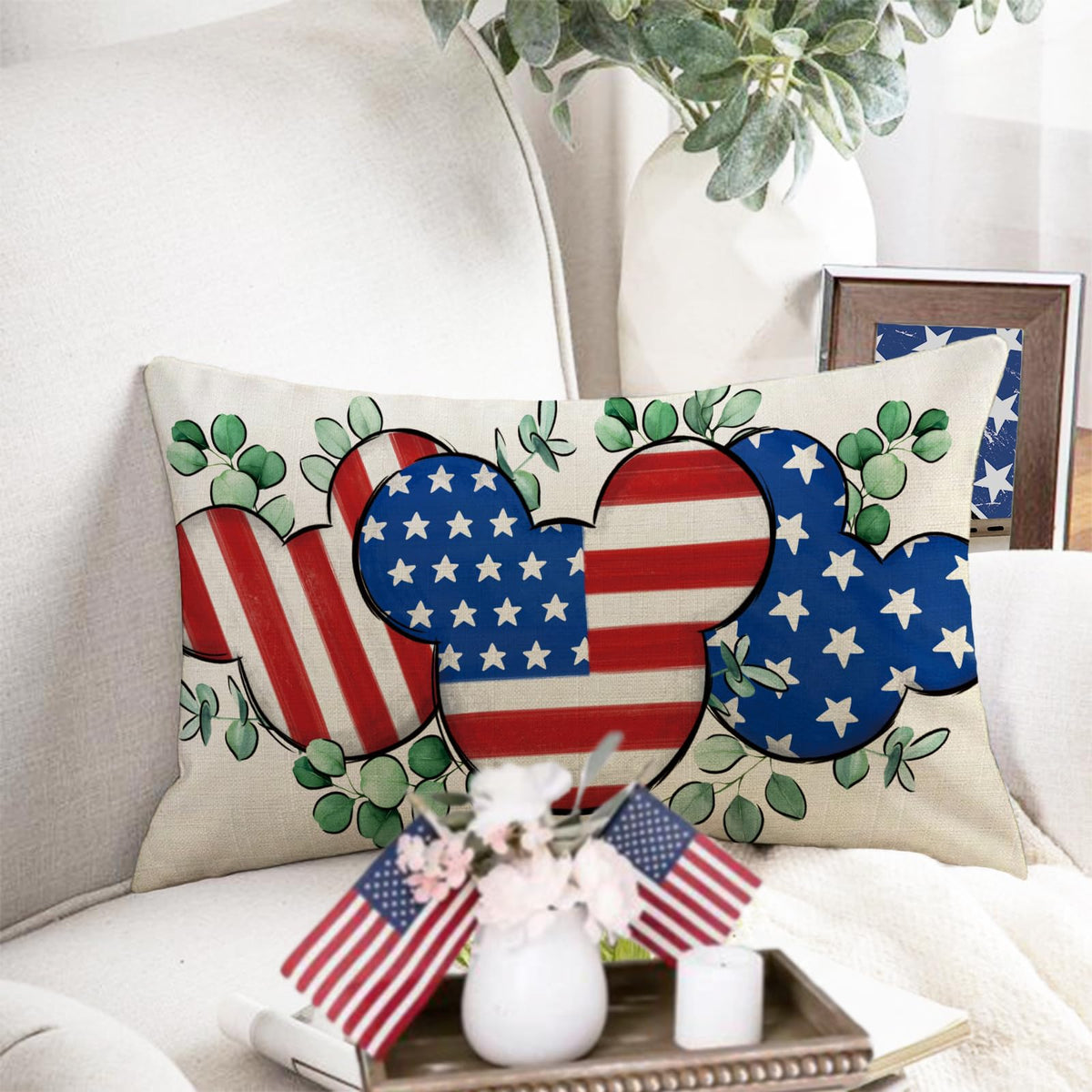 Fjfz 4th of July Patriotic Lumbar Decorative Throw Pillow Cover 12 x 20, Rectangular America USA Eucalyptus Leaves Outdoor Home Decor, American Stars Stripes Couch Cushion Case