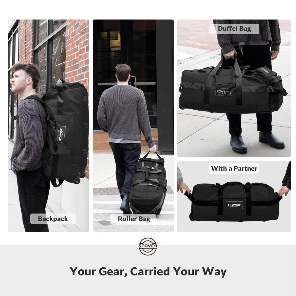 STOVER 45/80/100L Rolling Duffel Bag with Wheels, X-Large Durable Travel Duffle + Toiletry Bag, Heavy Duty, Packable with Shoulder Straps- Use as Luggage or Backpack, Men/Women (Black)