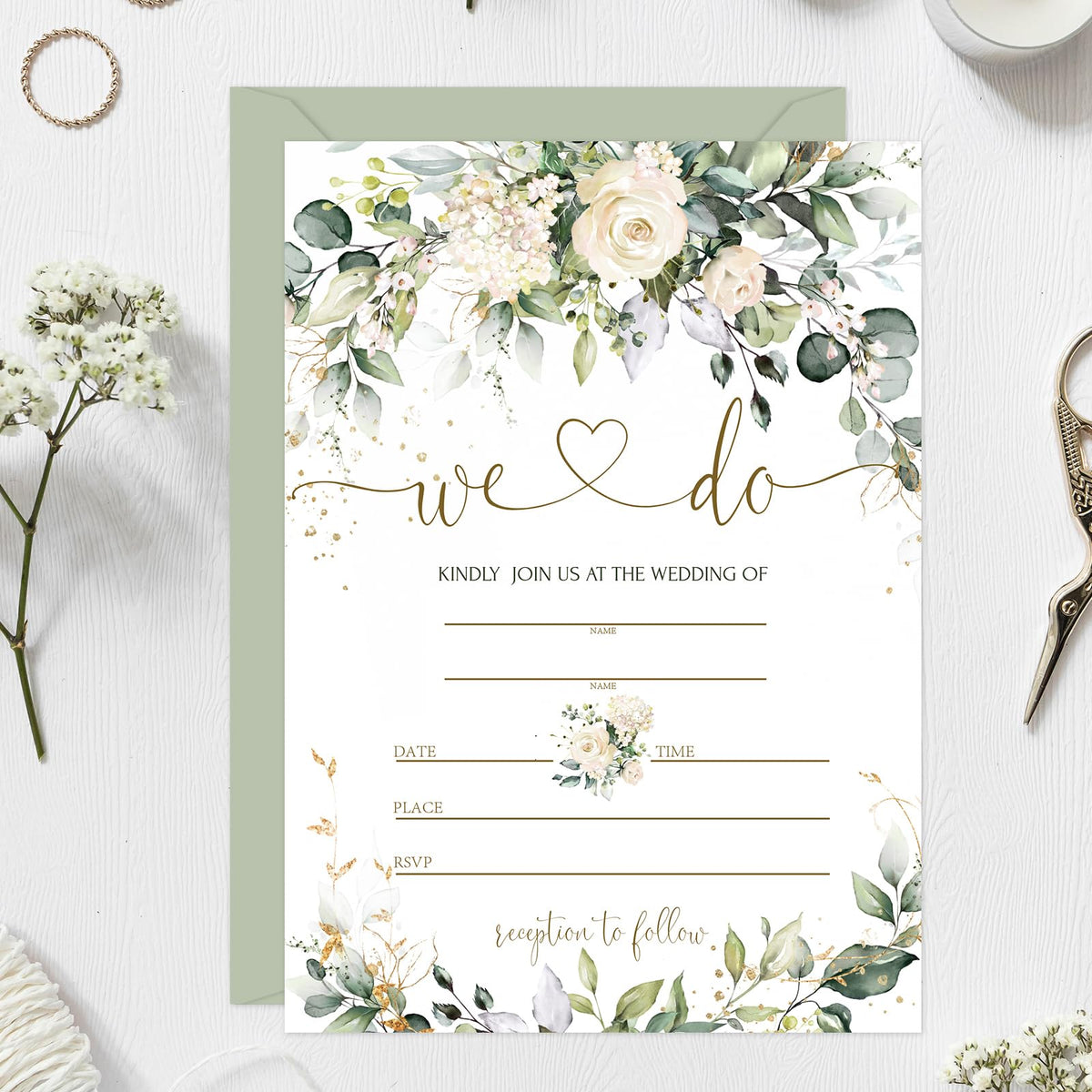 Whaline 25 Sets Greenery Floral Wedding Invitation with Envelopes Stickers Eucalyptus Leaves Fill in Blank Invites Cards for Bridal Shower, 5 x 7 Inch