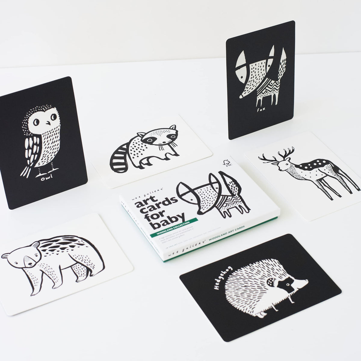 Wee Gallery Art Cards for Baby, Durable High Contrast Black and White Animal Flashcards for Newborns, Brain Development, Sensory Toys, Tummy Time Essentials for Infant and Toddler - Woodland Animals