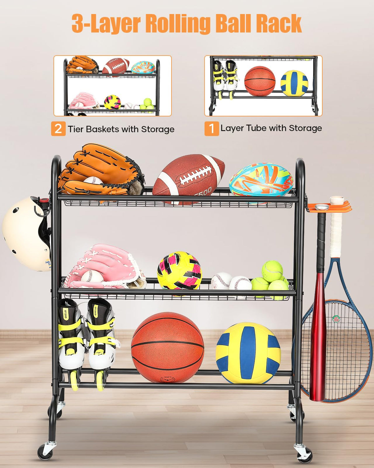 EXTCCT Basketball Racks for Balls, 3-Layer Small Ball Rack Ball Storage For Garage, Outdoor Rolling Ball Cart with Wheels, Two Basket for Basketballs Footballs Volleyball